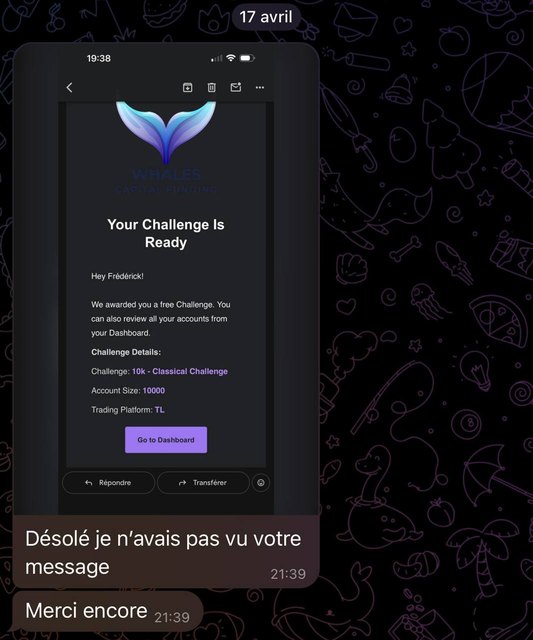 Membre confirmant la réception de sa Prop Firm offerte